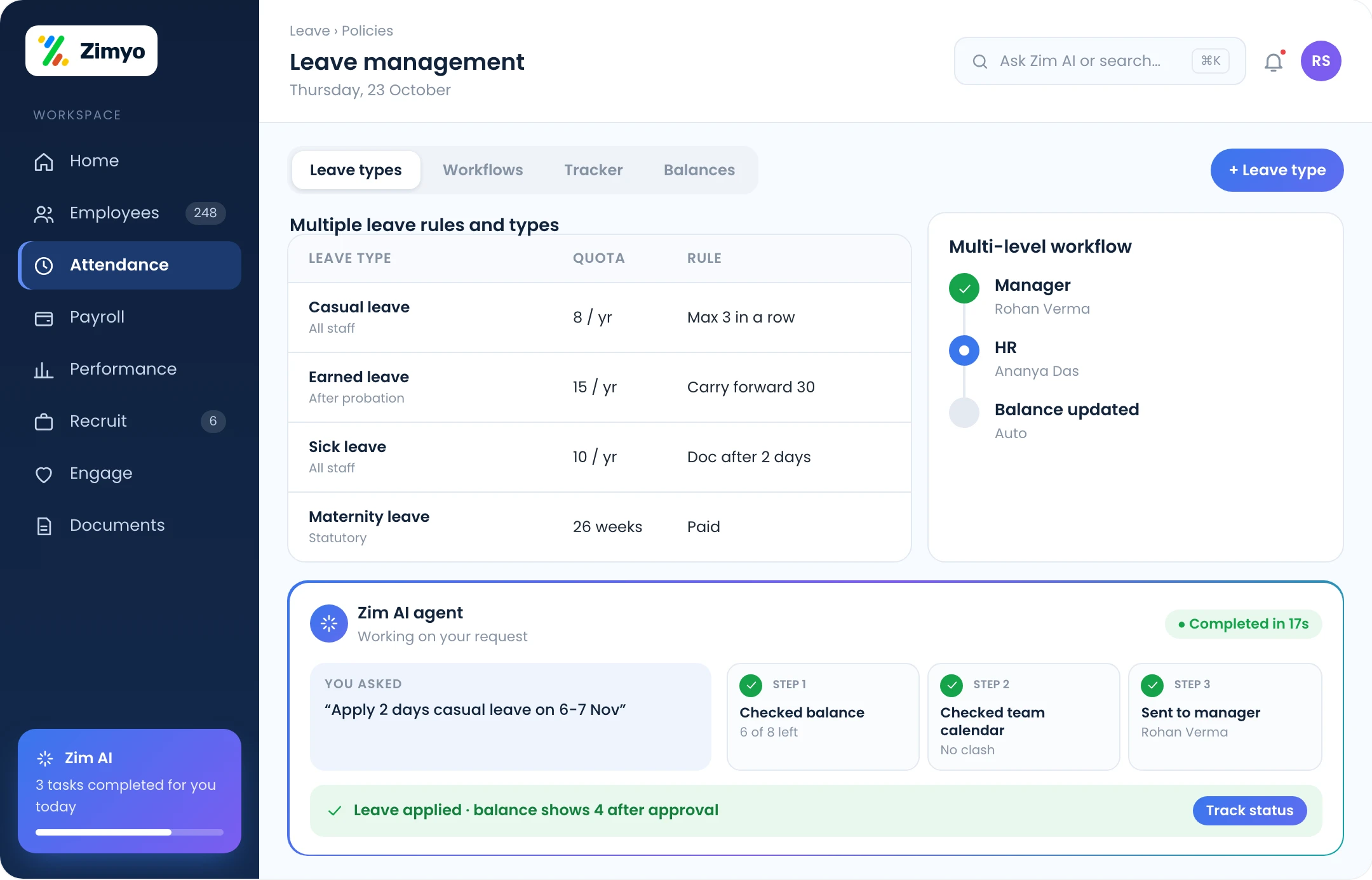 Leave management screen with multiple leave types, a multi-level approval workflow and real-time balances