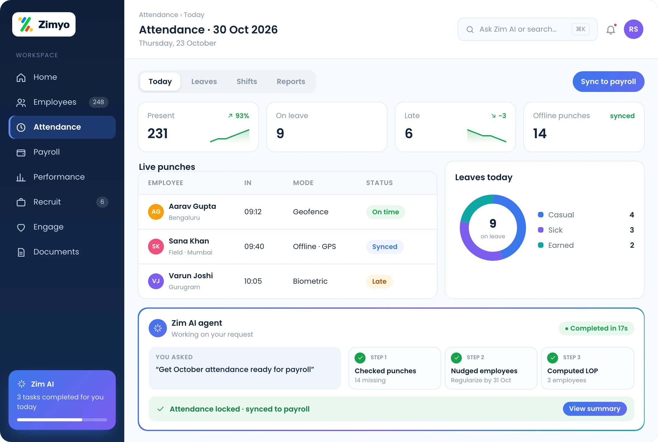 Zimyo attendance management: leave rules, real-time tracking, geofenced and offline attendance synced with payroll