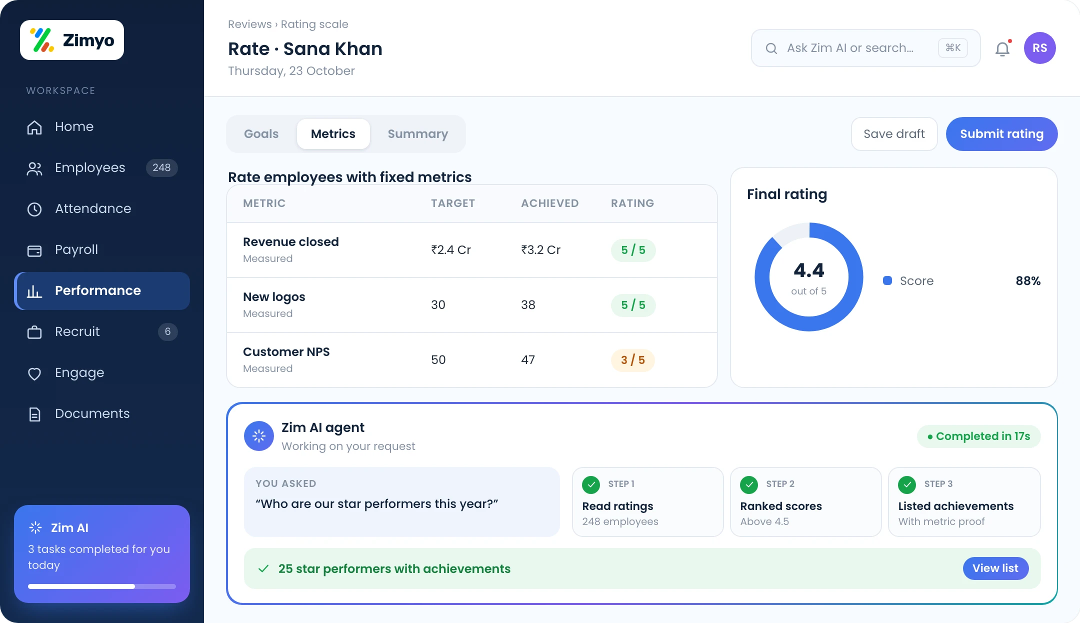 Rating scale review form with fixed metrics rated 1 to 5 and star performers highlighted
