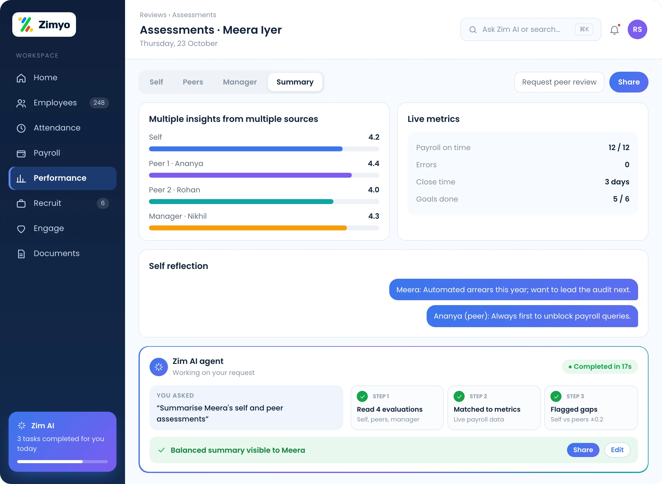 Assessment screen combining self, peer and manager evaluations with live performance metrics