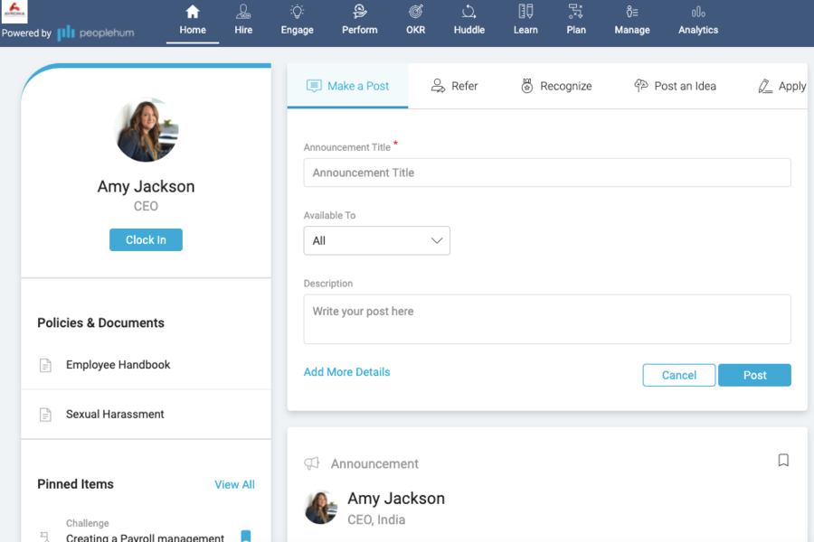 peoplehum human resource management dashboard